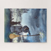 ハロウィーンの黒猫と魔女の星空の夜 ジグソーパズル (横)