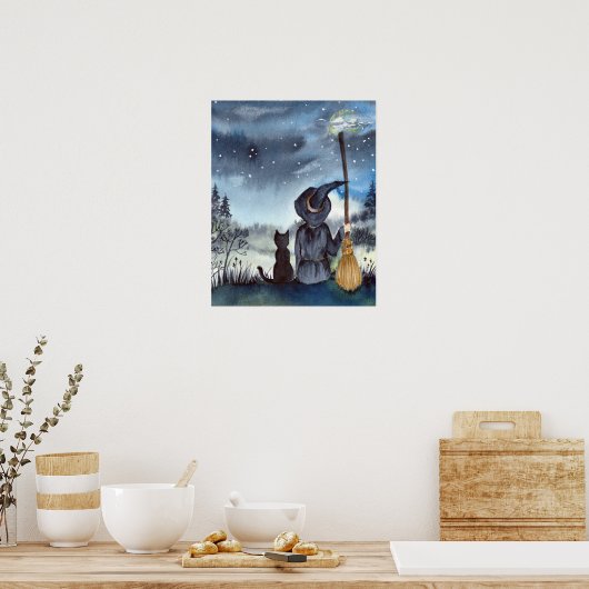 ハロウィーンの黒猫と魔女の星空の夜 ポスター (キッチン)