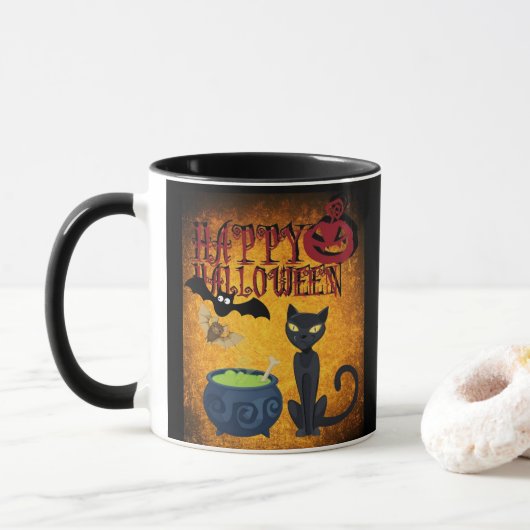 ハロウィーンの黒猫のマジックマグ マグカップ (ドーナツ)