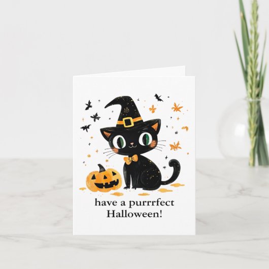 ハロウィーンの黒猫の魔女を連れて行く サンキューカード (正面)