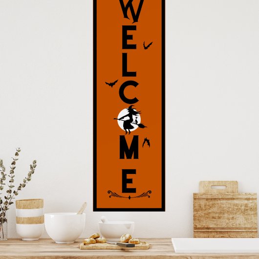 ハロウィーンへようこそ |オレンジ色の魔女のドアの長さ ポスター (キッチン)