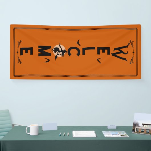 ハロウィーンへようこそ |オレンジ色の魔女のドアの長さ 横断幕 (トレードショー)