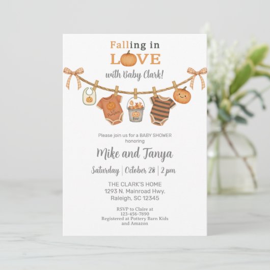 ハロウィーンまたは秋ベビー物干しバスライン赤ちゃんシャワー。 招待状 (スタンド正面)