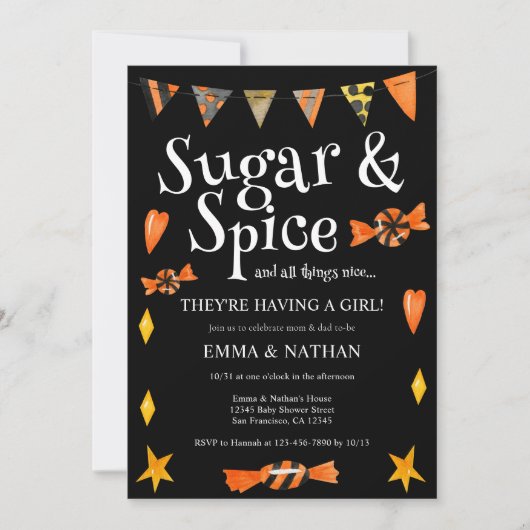 ハロウィーンをテーマにした女の子カップルの赤ちゃんシャワー 招待状 (正面)