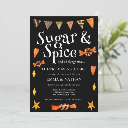 ハロウィーンをテーマにした女の子カップルの赤ちゃんシャワー 招待状 (スタンド正面)