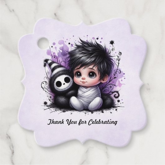 ハロウィーンをテーマにした赤ちゃんシャワー – パープルゴシックベビー フェイバータグ (正面)