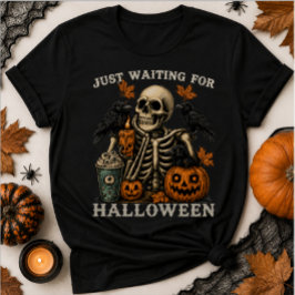 ハロウィーンを待つ骸骨とカラスとパンプキン Tシャツ