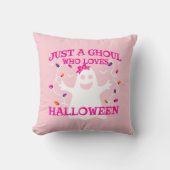 ハロウィーンを愛する少女かわいいピンクの幽霊 クッション (正面)