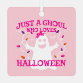 ハロウィーンを愛する少女かわいいピンクの幽霊 メタルオーナメント (裏面)