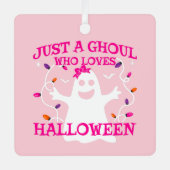 ハロウィーンを愛する少女かわいいピンクの幽霊 メタルオーナメント (正面)