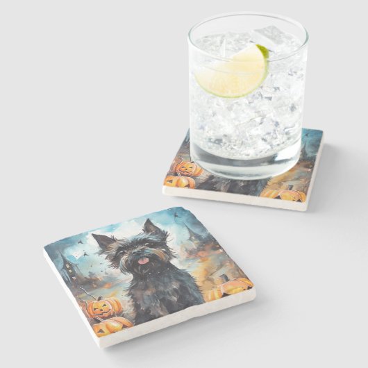 ハロウィーンアフェンピンシャーとカボチャ怖い ストーンコースター (横)