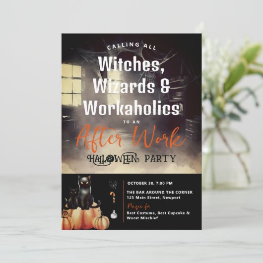 ハロウィーンアフターワークパーティーブラック猫カボチャ黒 招待状 (スタンド正面)