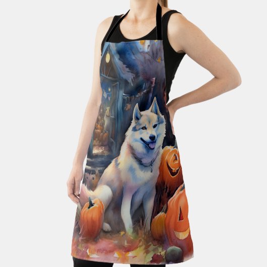 ハロウィーンアラスカンマラムートとカボチャ怖い エプロン (インサイチュ)