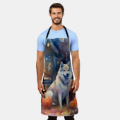 ハロウィーンアラスカンマラムートとカボチャ怖い エプロン (着用した状態)