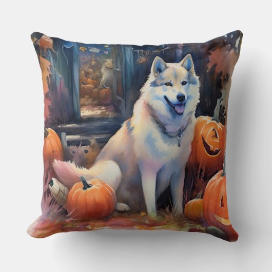 ハロウィーンアラスカンマラムートとカボチャ怖い クッション (正面)