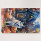 ハロウィーンアラスカンマラムートとカボチャ怖い ジグソーパズル (横)