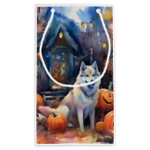 ハロウィーンアラスカンマラムートとカボチャ怖い スモールペーパーバッグ (裏面)