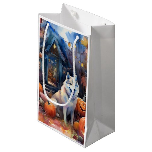 ハロウィーンアラスカンマラムートとカボチャ怖い スモールペーパーバッグ (正面アングル)