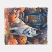 ハロウィーンアラスカンマラムートとカボチャ怖い フリースブランケット (正面(横))