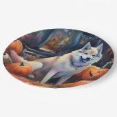 ハロウィーンアラスカンマラムートとカボチャ怖い ペーパープレート (アングル)