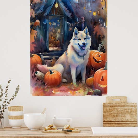 ハロウィーンアラスカンマラムートとカボチャ怖い ポスター (キッチン)
