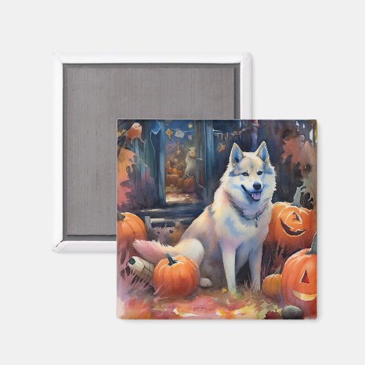 ハロウィーンアラスカンマラムートとカボチャ怖い マグネット (正面/裏面)