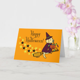 ハロウィーンイエローラブラドールと箒 カード