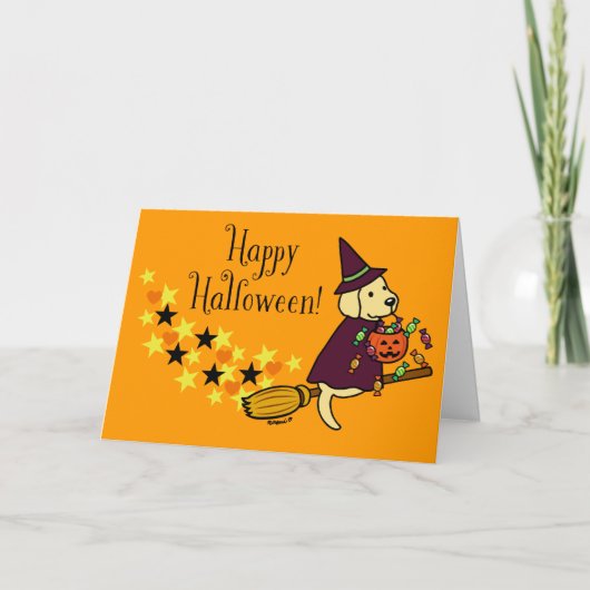 ハロウィーンイエローラブラドールと箒 カード (正面)