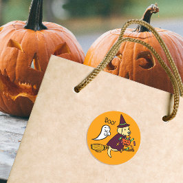 ハロウィーンイエローラブラドールと箒 ラウンドシール
