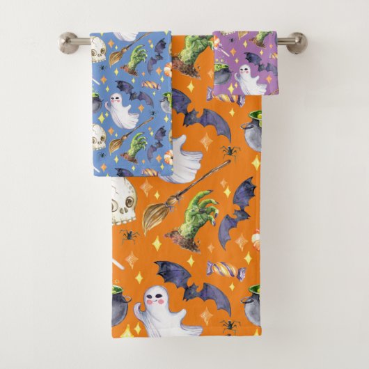 ハロウィーンイラストレーションとカボチャ、幽霊とこうもり バスタオルセット (インサイチュ)