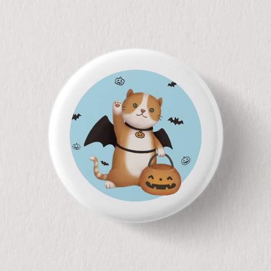 ハロウィーンイラストレーション:こうもり猫 缶バッジ (正面)