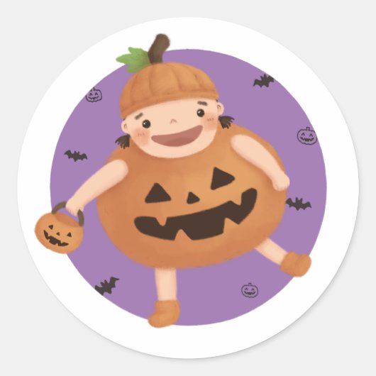 ハロウィーンイラストレーション：カボチャの女の子 ラウンドシール (正面)