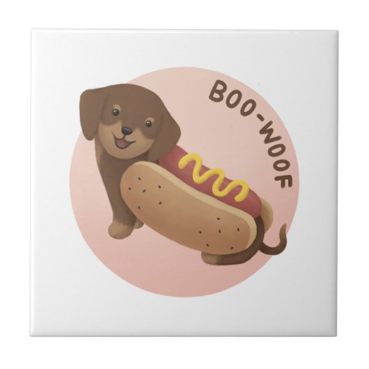 ハロウィーンイラストレーション: Boo-Woof (Dachshund) タイル (正面)