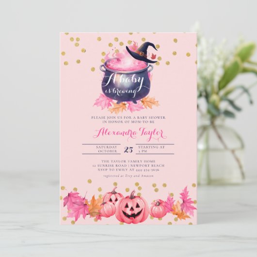 ハロウィーンウィッチかわいい秋ピンクベビーガールシャワー 招待状 (スタンド正面)