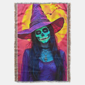 ハロウィーンウィッチとスカル顔デザイン スローブランケット (正面縦)