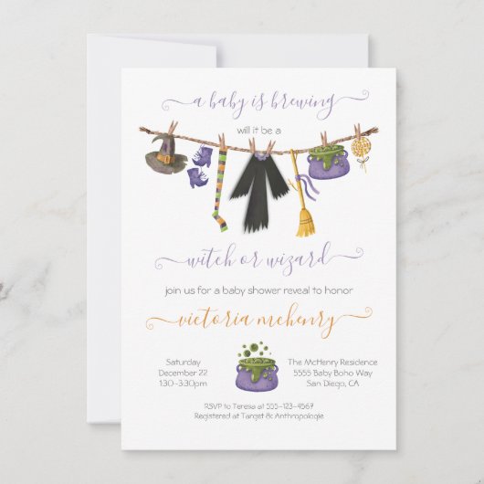 ハロウィーンウィッチまたはウィザードベビーがシャワーを醸造している 招待状 (正面)