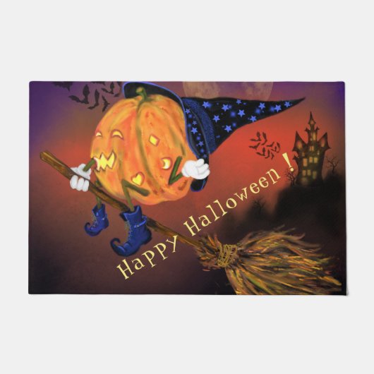 ハロウィーンウィッチカボチャ飛んでいるドオーマ ドアマット (正面)