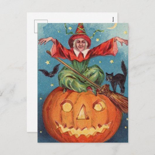 ハロウィーンウィッチカボチャ&フクロウヴィンテージ シーズンポストカード (正面/裏面)