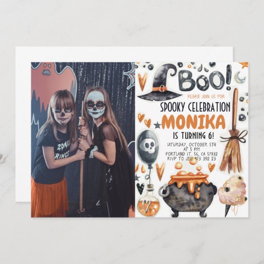 ハロウィーンウィッチカルドロンフォト誕生日 招待状 (正面/裏面)