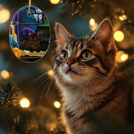 ハロウィーンウィッチキャットパープル魔法 セラミックオーナメント