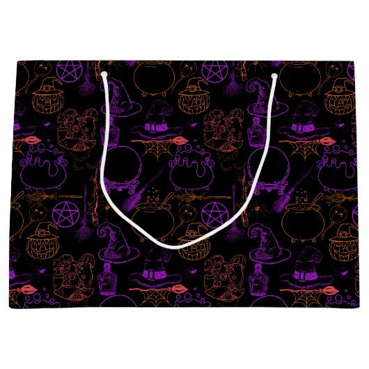 ハロウィーンウィッチクラフトパターンネオン01ブラックBG ラージペーパーバッグ (正面)