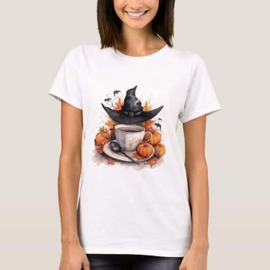ハロウィーンウィッチコーヒーカップカボチャ Tシャツ (正面)