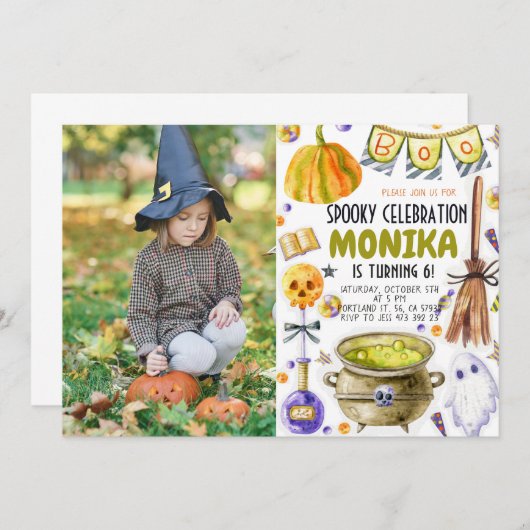 ハロウィーンウィッチコールドロン誕生日招待状 招待状 (正面/裏面)