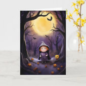 ハロウィーンウィッチチャイルドフォレストイラストレーション カード (黄色い花)
