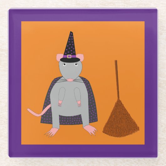 ハロウィーンウィッチネズミと箒 ガラスコースター (正面)