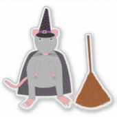 ハロウィーンウィッチネズミと箒 シール (正面)