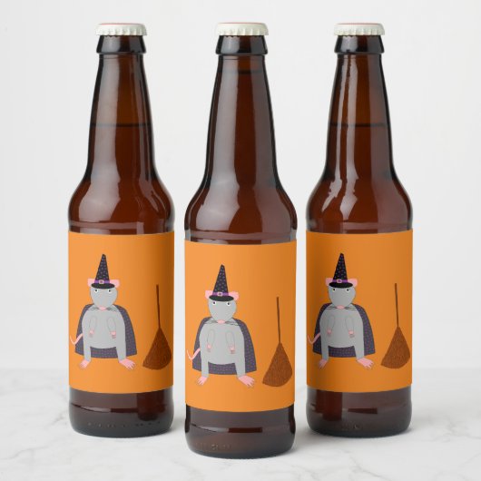 ハロウィーンウィッチネズミと箒 ビールラベル (ボトル)
