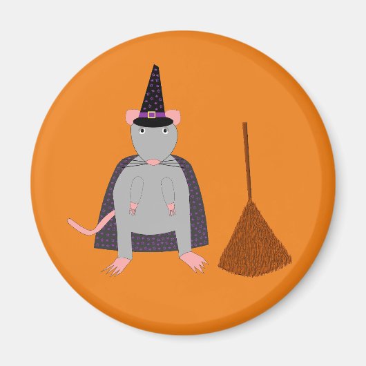 ハロウィーンウィッチネズミと箒 マグネット (正面)