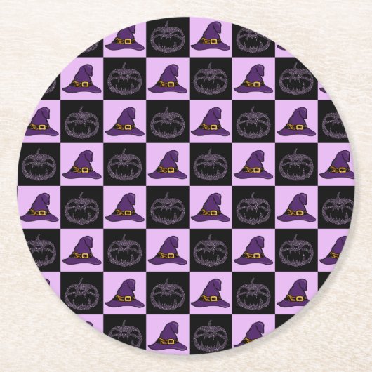 ハロウィーンウィッチハットパンプキン顔パタ不気味ーン ラウンドペーパーコースター (正面)