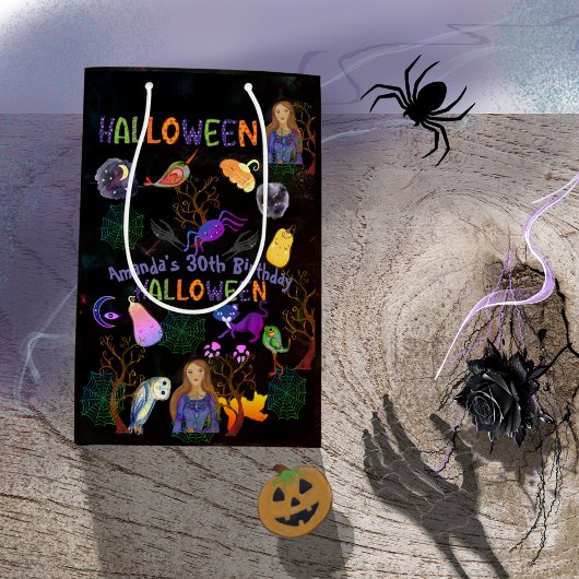 ハロウィーンウィッチバースデーパーティブラック ミディアムペーパーバッグ